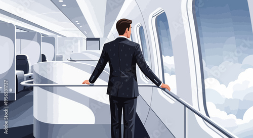 Sophisticated businessman gazing at clouds through airplane window during flight experience