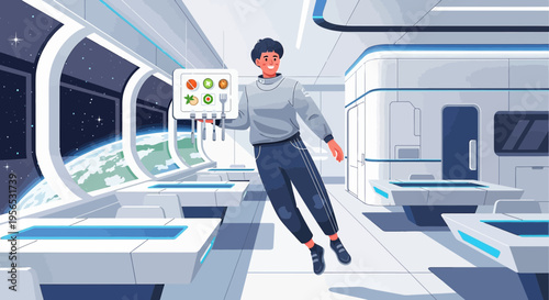 Space station dining with planetary view, culinary innovation and interstellar cuisine concept