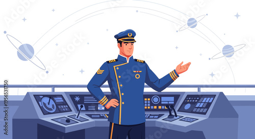 Space vessel commander aboard a futuristic spaceship leading interstellar voyages
