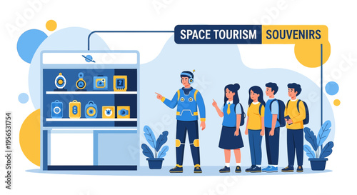 Space tourism shop with souvenirs and astronaut guide showing showcase to visitors