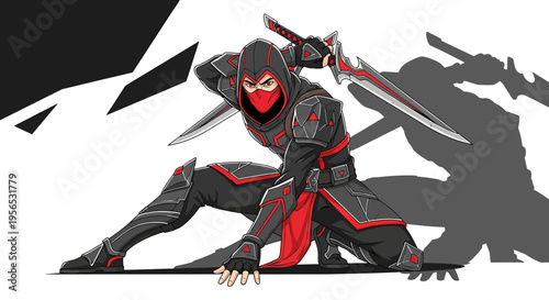 Stealthy warrior with dual blades preparing for action illustrated with a stylized shadow