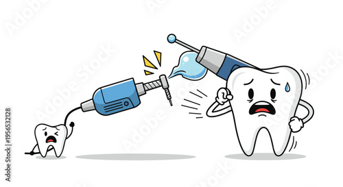 Humorous cartoon of a large and small tooth looking terrified while being chased by dental drills in a concept about dental anxiety.