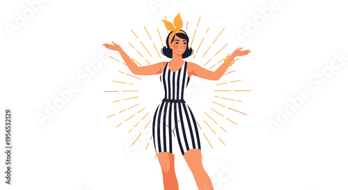 Vintage-style illustration of a smiling woman wearing a black and white striped swimsuit and a yellow headband for a summer look.