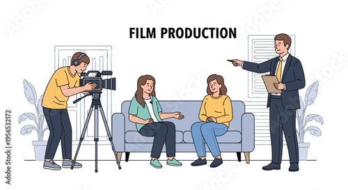 Film production crew including a cameraman and a director filming two women sitting on a sofa for a television talk show or movie scene.