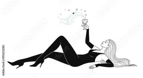 Minimalist black and white line art of a glamorous woman lying down and raising a magical sparkling glass of wine in an elegant pose.