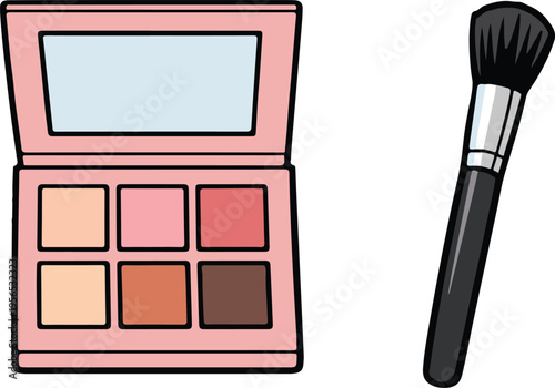 Pink eyeshadow palette with six neutral and rosy shades and a matching black makeup brush, cartoon vector illustration