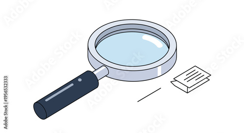 Magnifying glass placed next to a small folded document represents research and investigation on a white background.