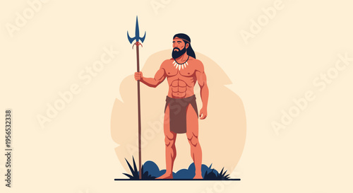Tribal warrior with a long beard holds a trident spear while standing in front of a sun like background element.