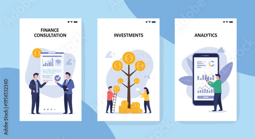 Financial mobile application interface screens for consultation, investments, and analytics showing business data.