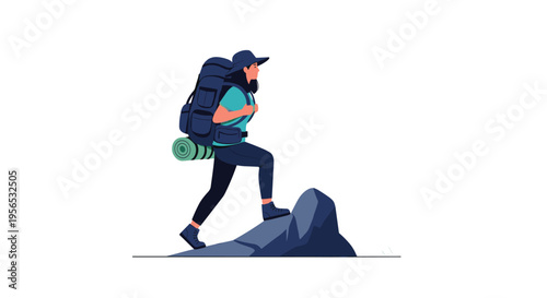 Backpacker with a large pack and hiking gear climbs up a rocky mountain peak against a clean white background.