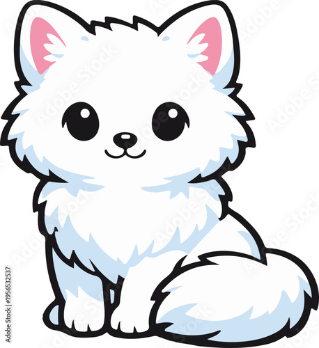 Adorable fluffy white fox character sitting down, cute and whimsical vector illustration