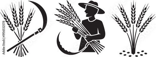 Agricultural Icon Set Featuring a Farmer Harvesting Wheat with a Traditional Hand Sickle Tool