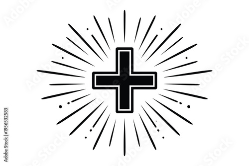 A minimalist black and white vector illustration of a christian cross surrounded by sunburst rays Vector