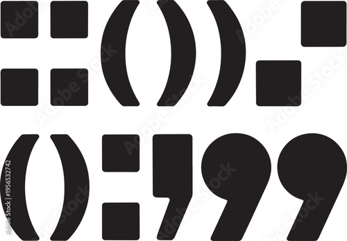 Monochrome Geometric Graphic Composition Featuring Various Abstract Punctuation Marks and Symbo