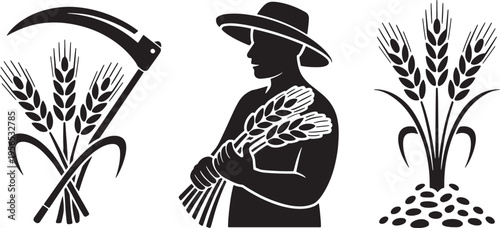 Set of Agricultural Silhouettes Featuring a Farmer with Scythe and Harvested Wheat Grain Ears