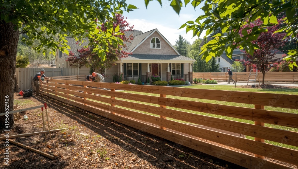 Fototapeta premium Setting up a horizontal wood fence around the property.