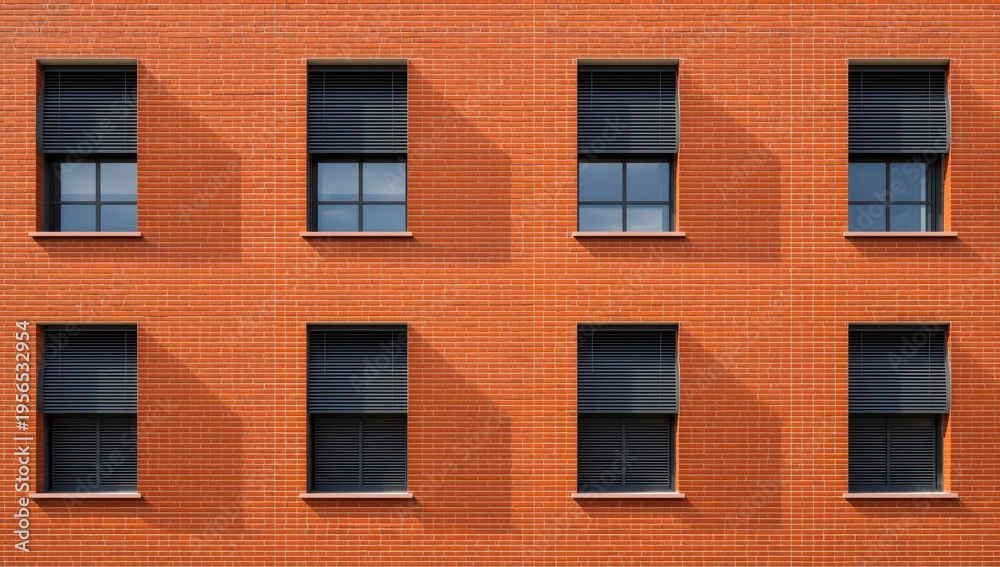 Fototapeta premium Shuttered Venetian blinds on a contemporary red brick wall form a recurring design.