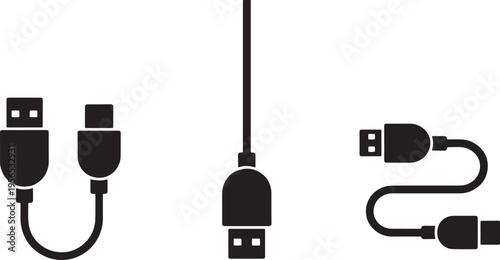 Set of Computer Cable Connectors and Electronic Peripheral Connection Plugs Vector Illustration