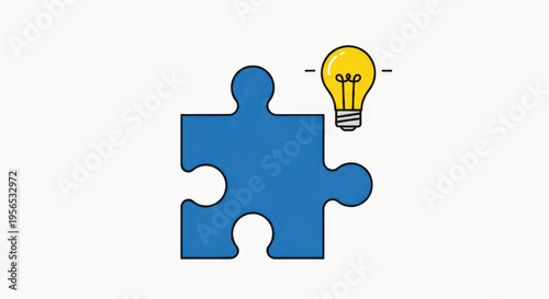 Blue puzzle piece connecting with light bulb symbolizing innovation and problem solving in flat