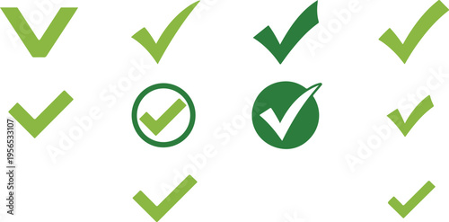 Set of green checkmark icons for success, approval, and verification in flat design style