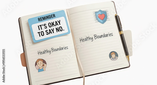 Notebook with 'healthy boundaries' notes and heart illustrations for personal growth and self care