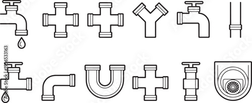 Set of Plumbing Pipe Fittings and Water Faucets Linear Vector Icons for Technical Schematics