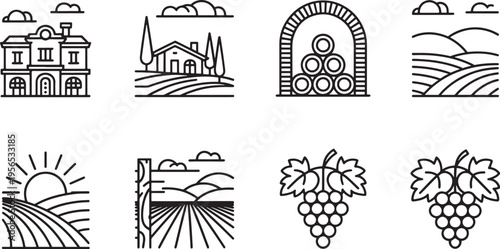 Set of Linear Wine and Vineyard Icons Featuring Rural Landscapes and Ripe Grape Clusters Design
