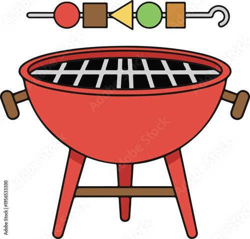Red barbecue kettle grill with black grate and a geometric shish kabob on a metal hook skewer, flat backyard cooking vector illustration