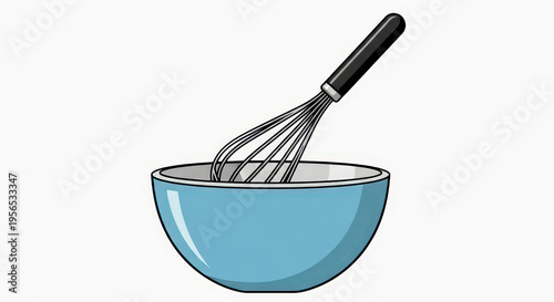 Kitchen whisk resting in blue mixing bowl under soft lighting for culinary preparation