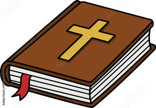 Holy Bible with Golden Cross and Red Ribbon Bookmark, Religious Scripture vector illustration