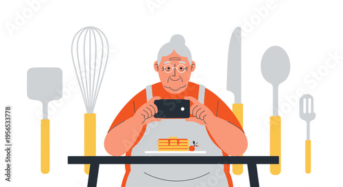 Senior woman capturing a photo of her delicious pancakes with a smartphone in kitchen