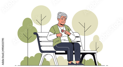 Senior woman activates medical alert system while relaxing on park bench outdoors