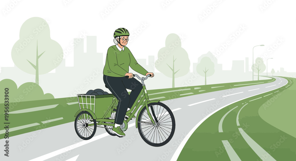 Fototapeta premium Senior woman enjoying bike ride on green tricycle along scenic path with city backdrop