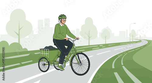 Senior woman enjoying bike ride on green tricycle along scenic path with city backdrop