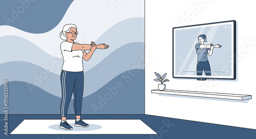 Senior woman enjoying online fitness class at home for her well being routine