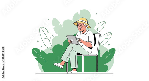 Senior woman enjoying technology in a tranquil green setting illustrated digitally
