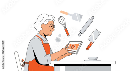 Senior woman enjoys cooking show on tablet with kitchen tools around, digital learning