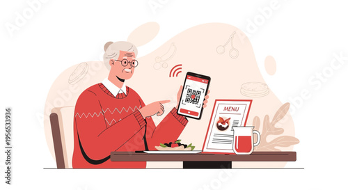 Senior woman enjoying the contactless ordering experience at a restaurant using a smartphone