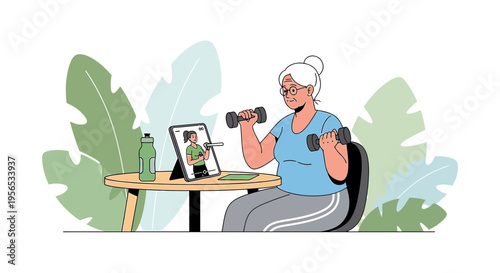 Senior woman exercising at home following online fitness class instruction with dumbbells