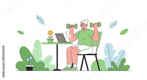 Senior woman exercising with dumbbells during online fitness class at home in vibrant vector