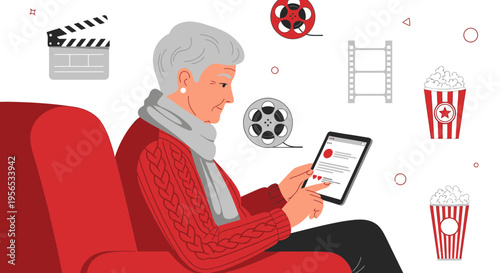 Senior woman enjoys movie streaming on tablet surrounded by classic cinema elements