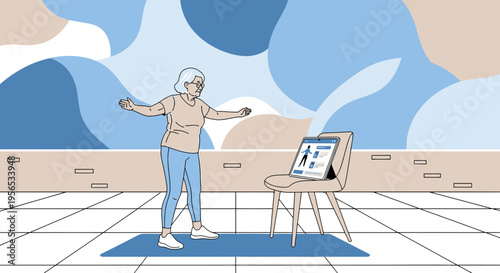 Senior woman following online fitness class on tablet for healthy lifestyle practice