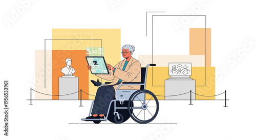 Senior woman in wheelchair engages augmented reality at art museum exploring history