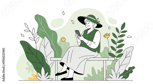 Senior woman in park utilizing a mobile device for communication and leisure activity outdoors