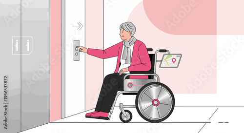 Senior woman in wheelchair presses elevator button for accessibility in modern building