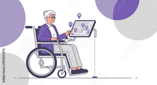 Senior woman in wheelchair using digital map navigation for assisted mobility outdoors