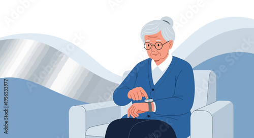 Senior woman interacting with smartwatch in a light-blue themed modern setting illustration