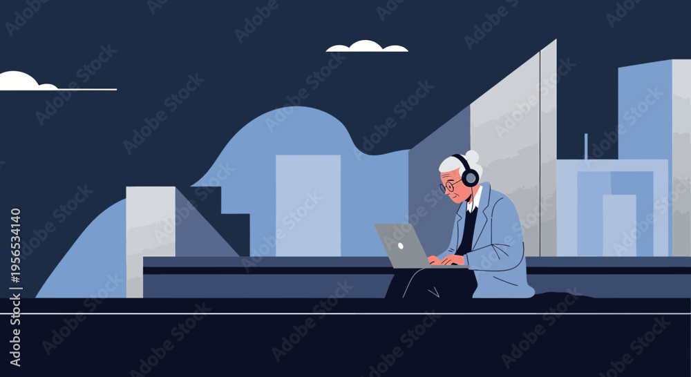Fototapeta premium Senior professional with headphones working on a laptop in modern urban landscape setting