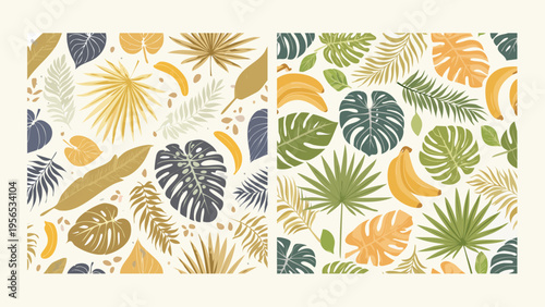 Vibrant seamless tropical patterns featuring exotic botanical leaves and banana fruits, perfect for adding a lush, nature-inspired touch to summer designs and creative projects