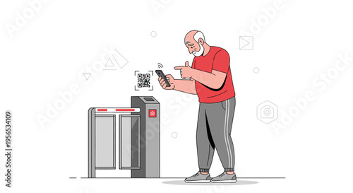 Senior man using smartphone to scan QR code at automated entrance gate system access